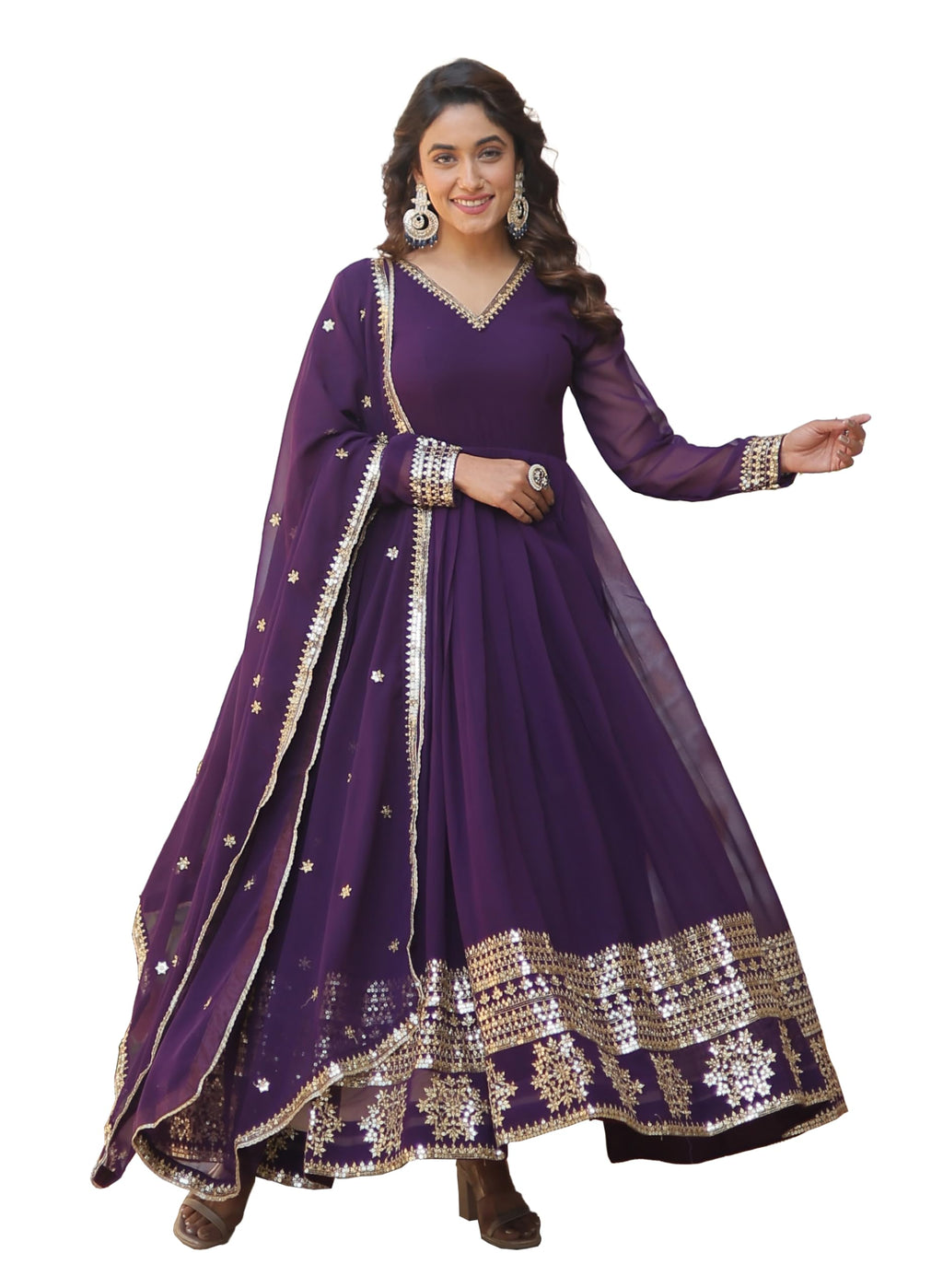 Fashion Basket Havy Georgette Embroidered Anarkali Dress For Women Purple