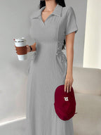 Shasmi Womens Grey Solid Color Applique Lace-Up Collared Short Sleeve, Side-Tie Waist Long Casual Maxi Women Dress Outfit Long E