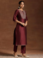 Libas Womens Yoke Design Silk Blend Straight Kurta With Trousers