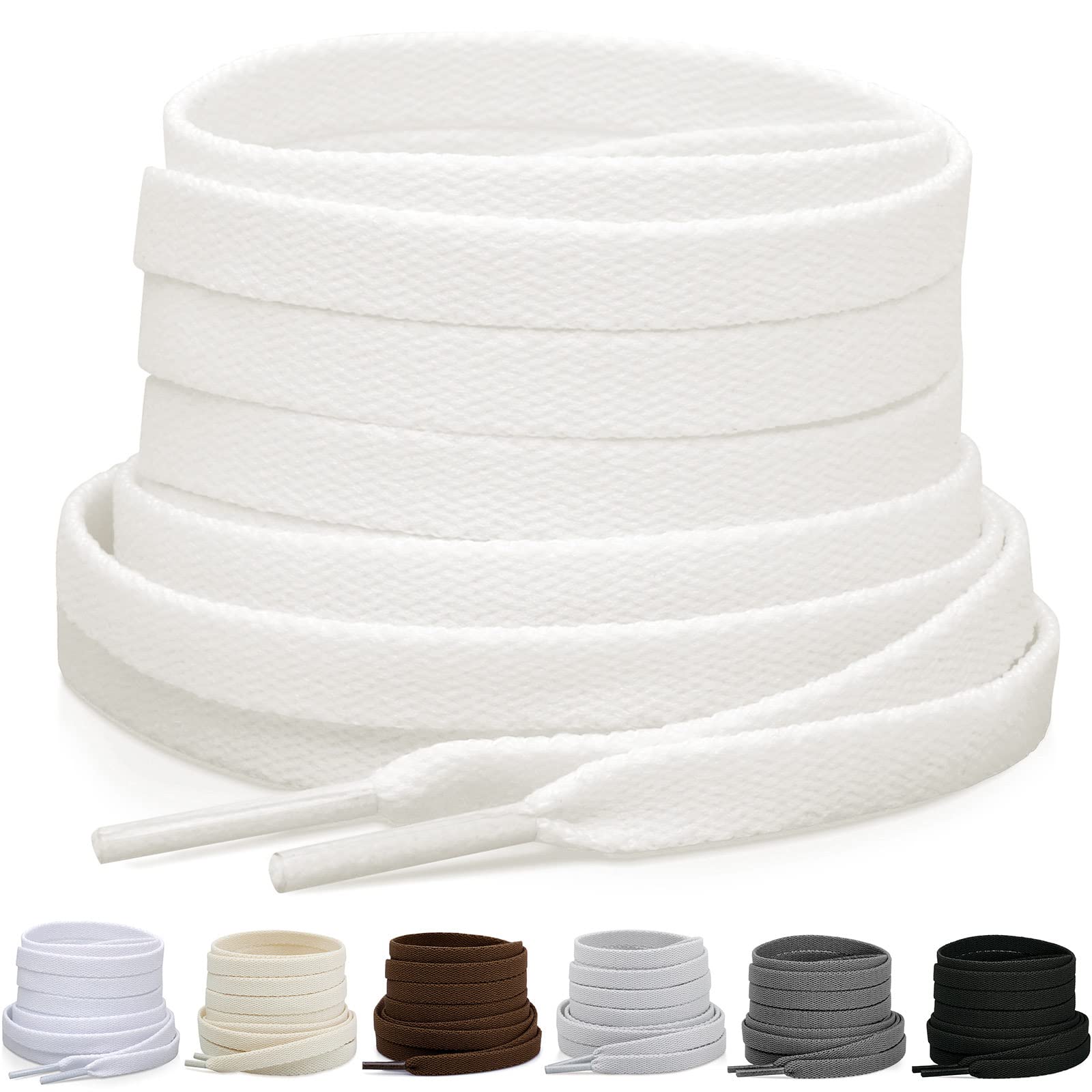 Puzeam Upgrade Tight Weave Flat Shoelaces 28 Colors 5/16 Wide Shoe Laces for Sneakers-Snow White -180