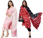 ANNI DESIGNER Women's Cotton Blend Printed Straight Kurta with Pant & Dupatta Pack of 2 (Combo-Prem Pink-Mayavi Red_XXL_Multi_XX