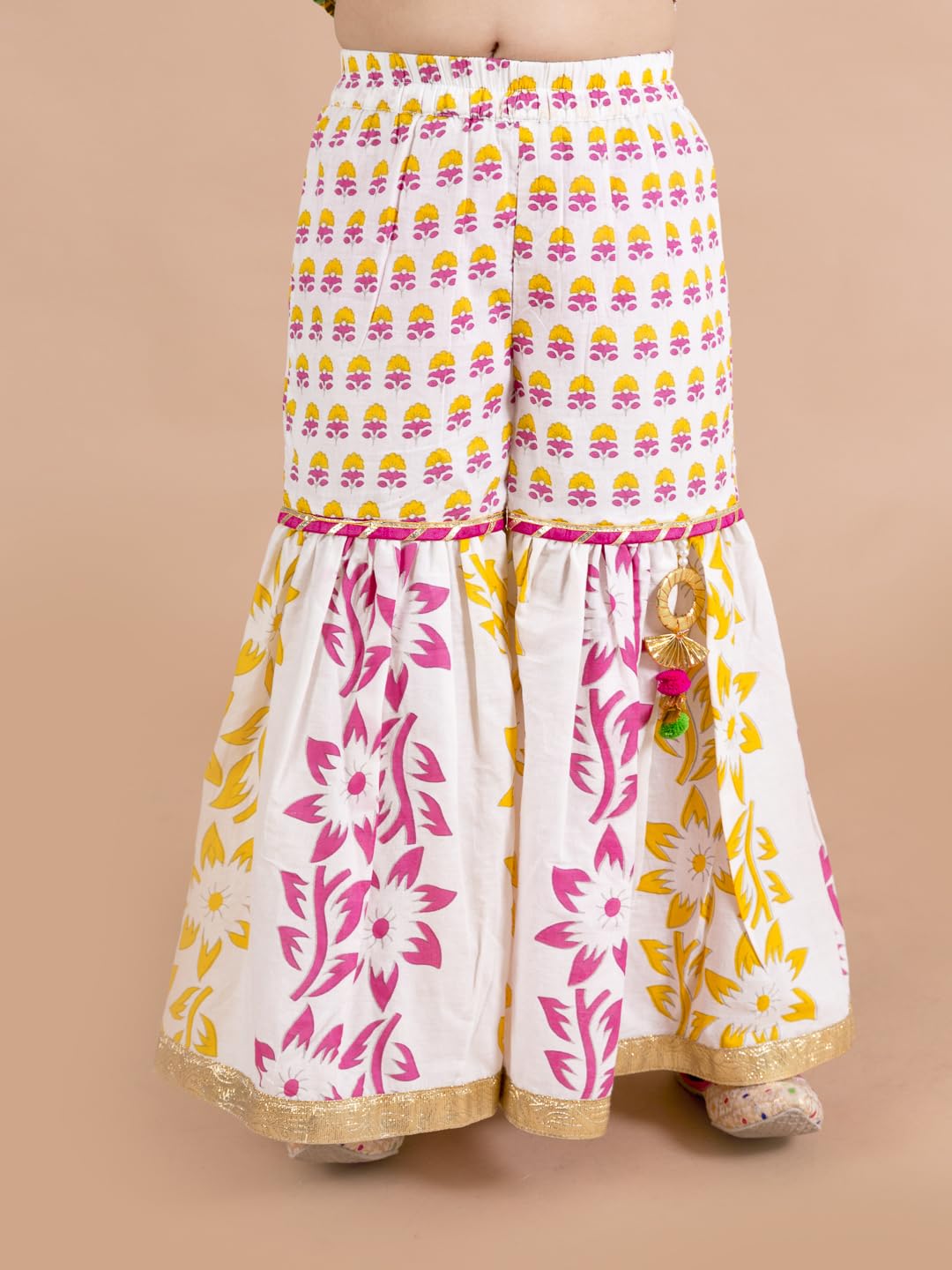 Pspeaches Girls Yellow Floral Printed Pure Cotton Kurti With Sharara With Dupatta