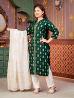 Aarika Girls Ethnic Wear Green-Off White Colour Foil Print Rayon Kurti Pant Set-8-15 Years (Kp-Sd-2944)