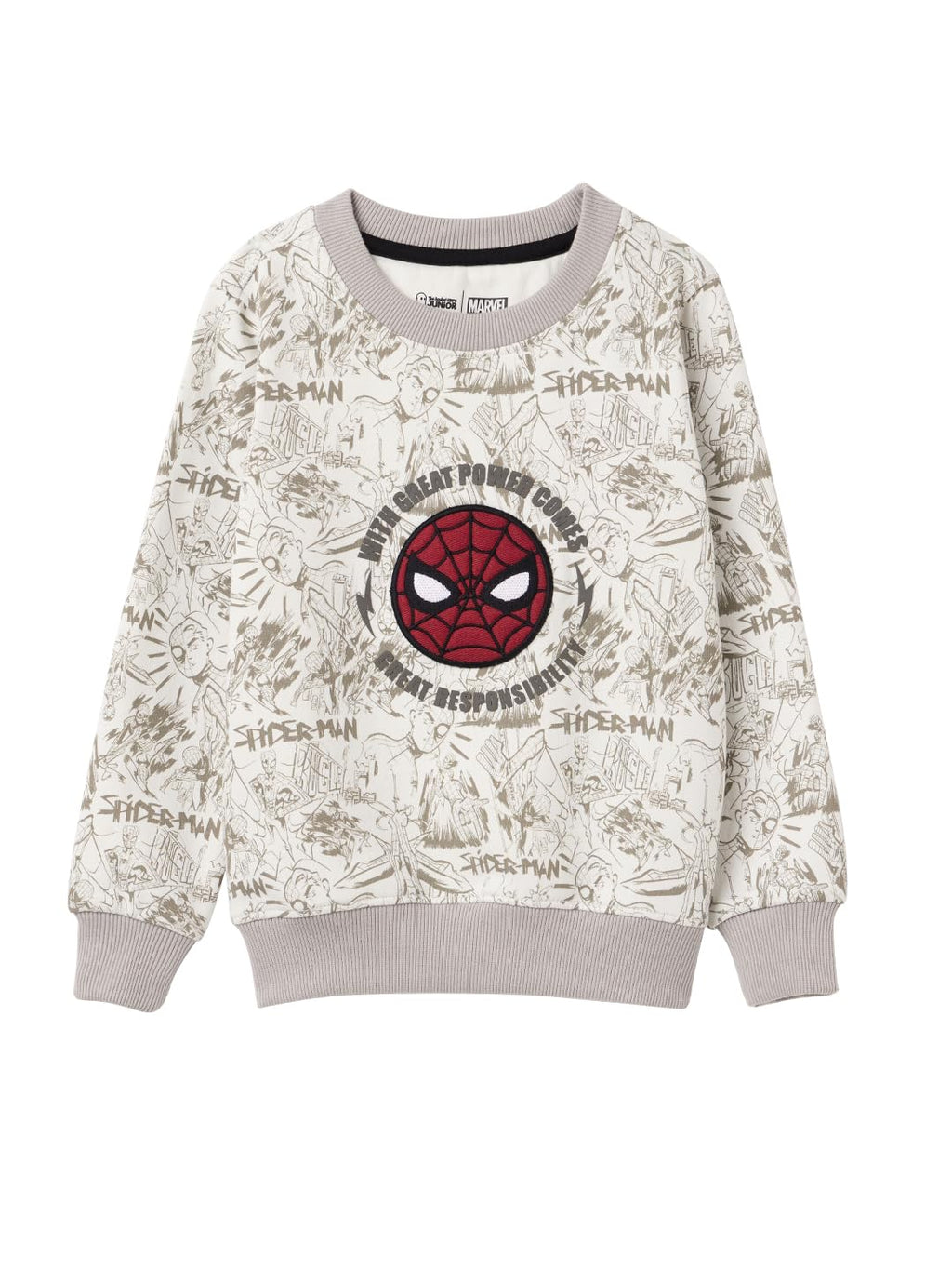 The Souled Store Official Spider-Man : Great Power Boys Long Sleeves Round Neck Color Blocked Regular Fit Cotton Sweatshirts Whi