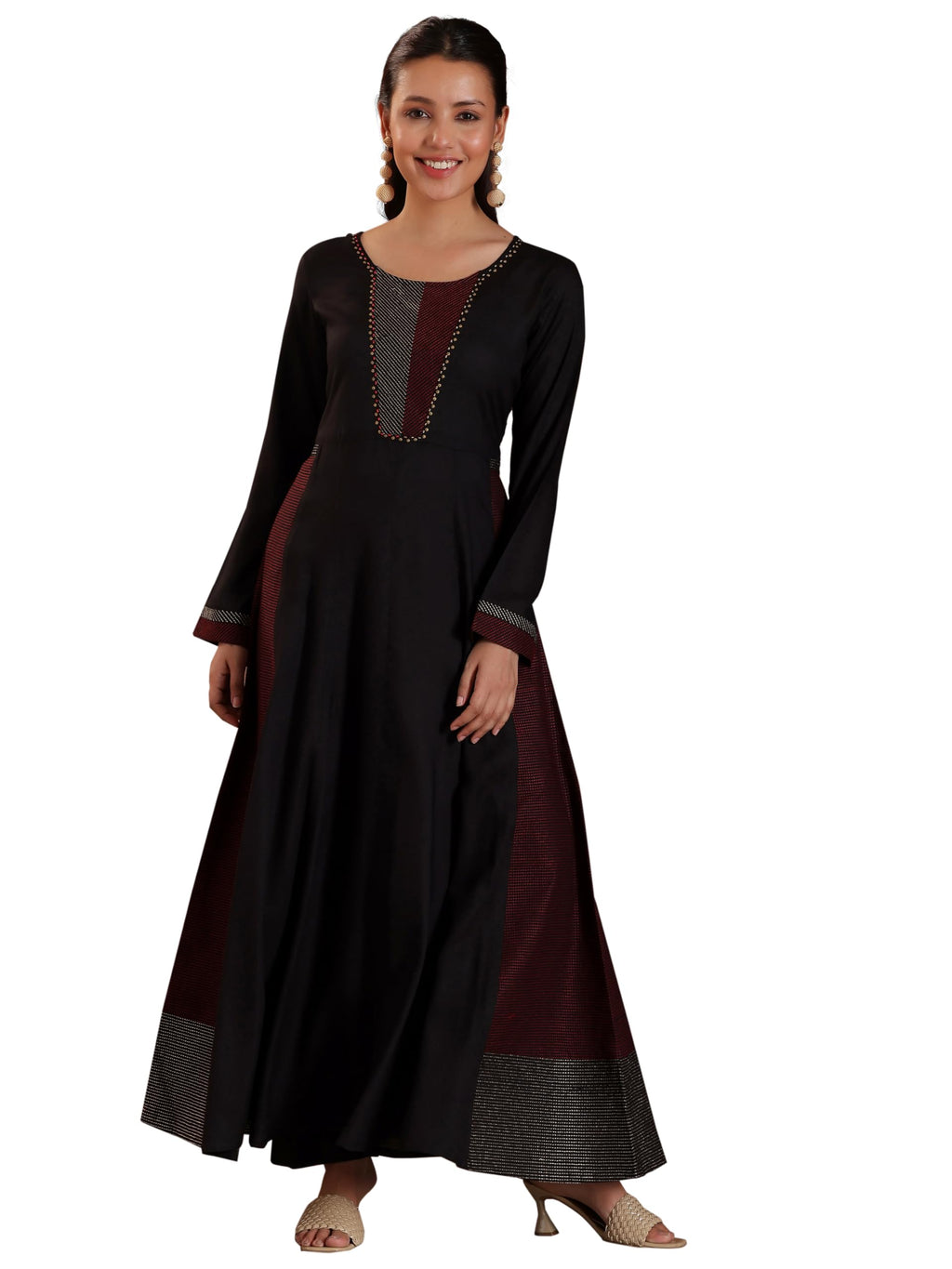 Libas Womens Self Design Cotton A-Line Kurta with Trousers Black