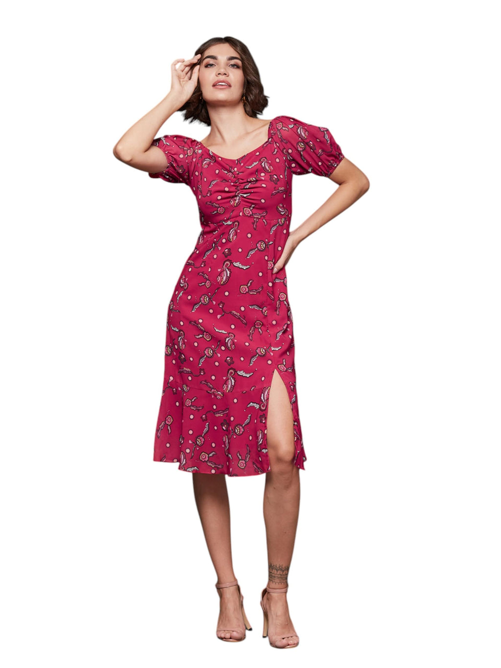 Miss Chase Womens Sweetheart Half Sleeve Floral Fit Flare Midi Dress (MCSS25D93-24-251-06, Multicolored Base Dark Pink, XL)
