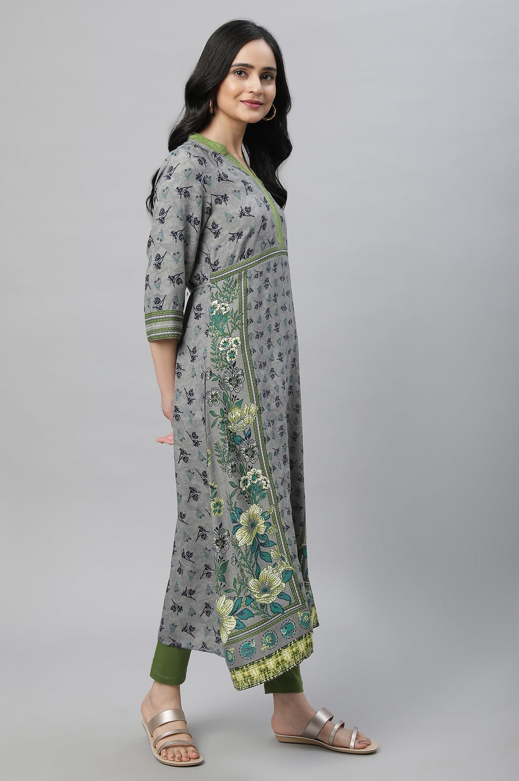 Aurelia Stonewash Grey Floral Print Casual Kurta- Palazzo Set