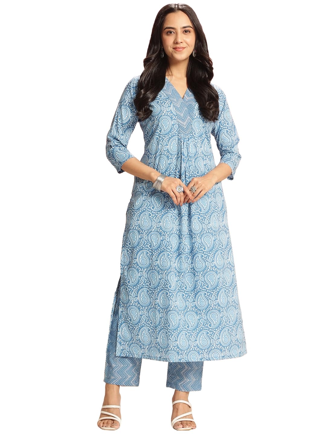 ANNI DESIGNER Womens Rayon Viscose Straight Printed Kurta with Pant (Nikalu Blue_S_Blue_Small)