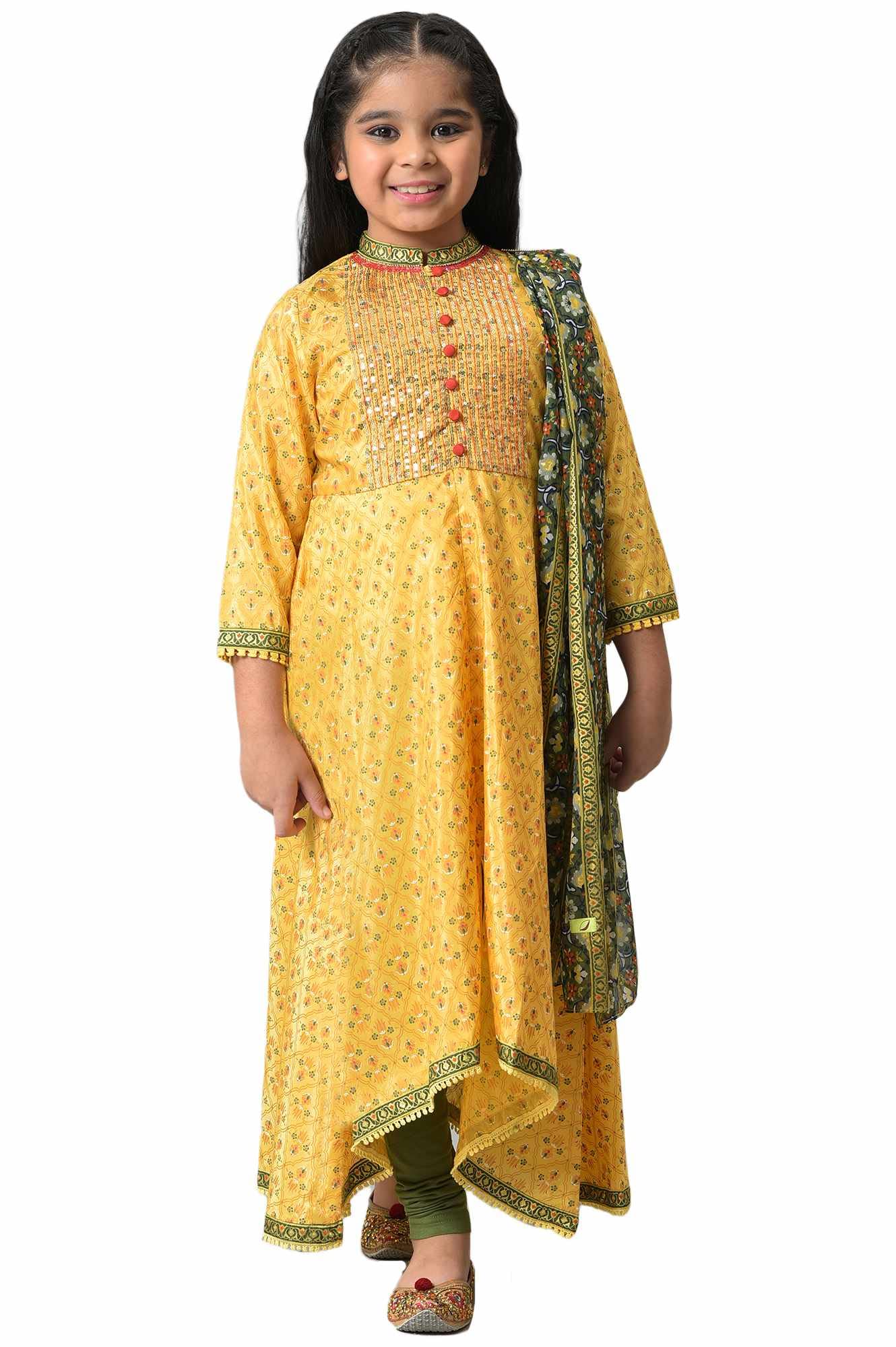 Girls Yellow Sequined Kurta With Green Tights And Dupatta