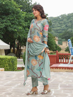 ANNI DESIGNER Womens Cotton Blend Straight Printed Kurta with Pant & Dupatta (Twig Pista_XL_Pista_X-Large)
