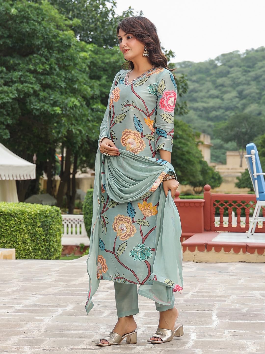 ANNI DESIGNER Womens Cotton Blend Straight Printed Kurta with Pant & Dupatta (Twig Pista_XL_Pista_X-Large)