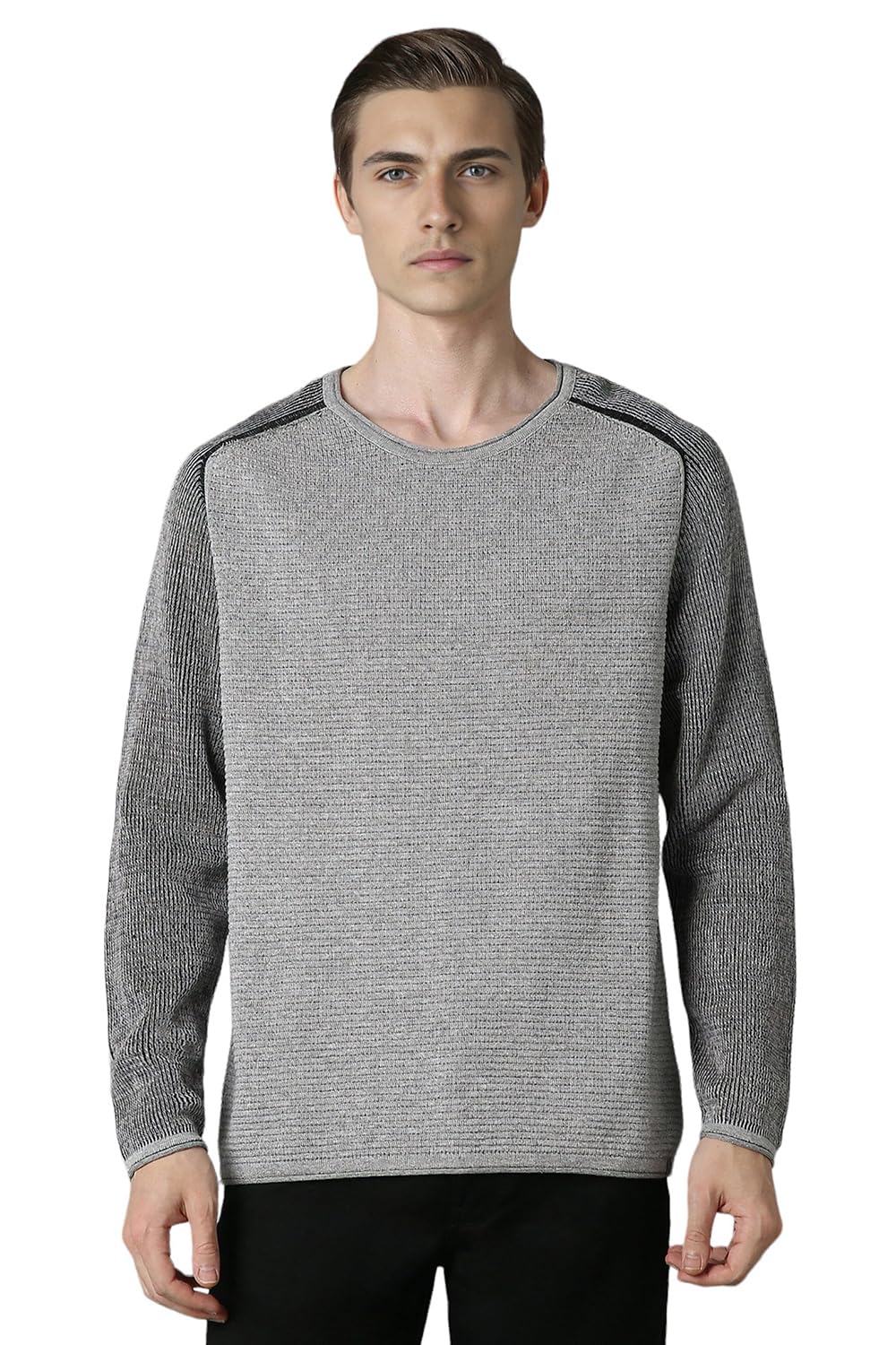 Louis Philippe Men Grey Patterned Crew Neck Full Sleeves Sweater
