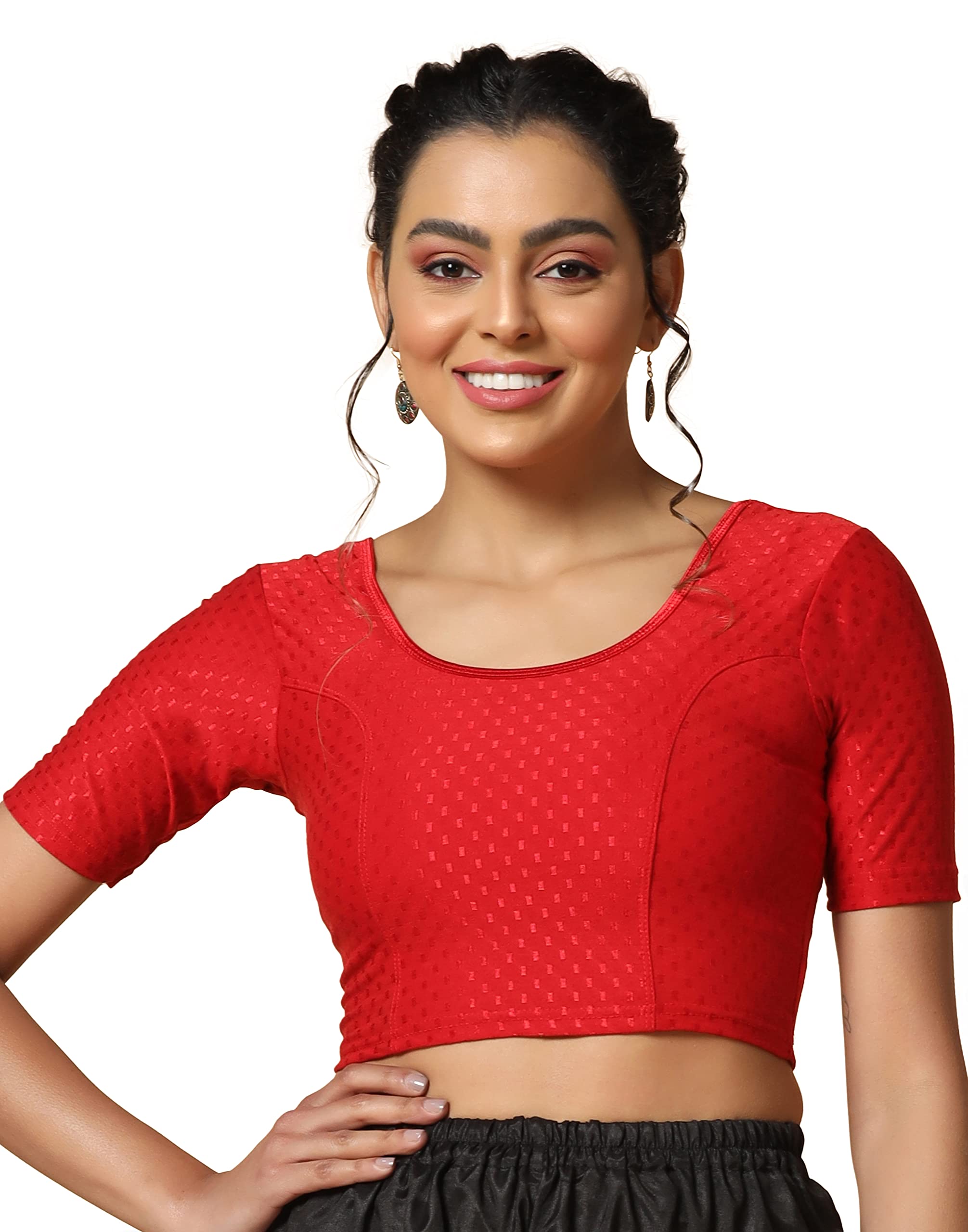 TOPLOT Cotton Blend Lycra Stretchable Round Neck Blouses for Women Readymade (Blouse-5058-Red-34)