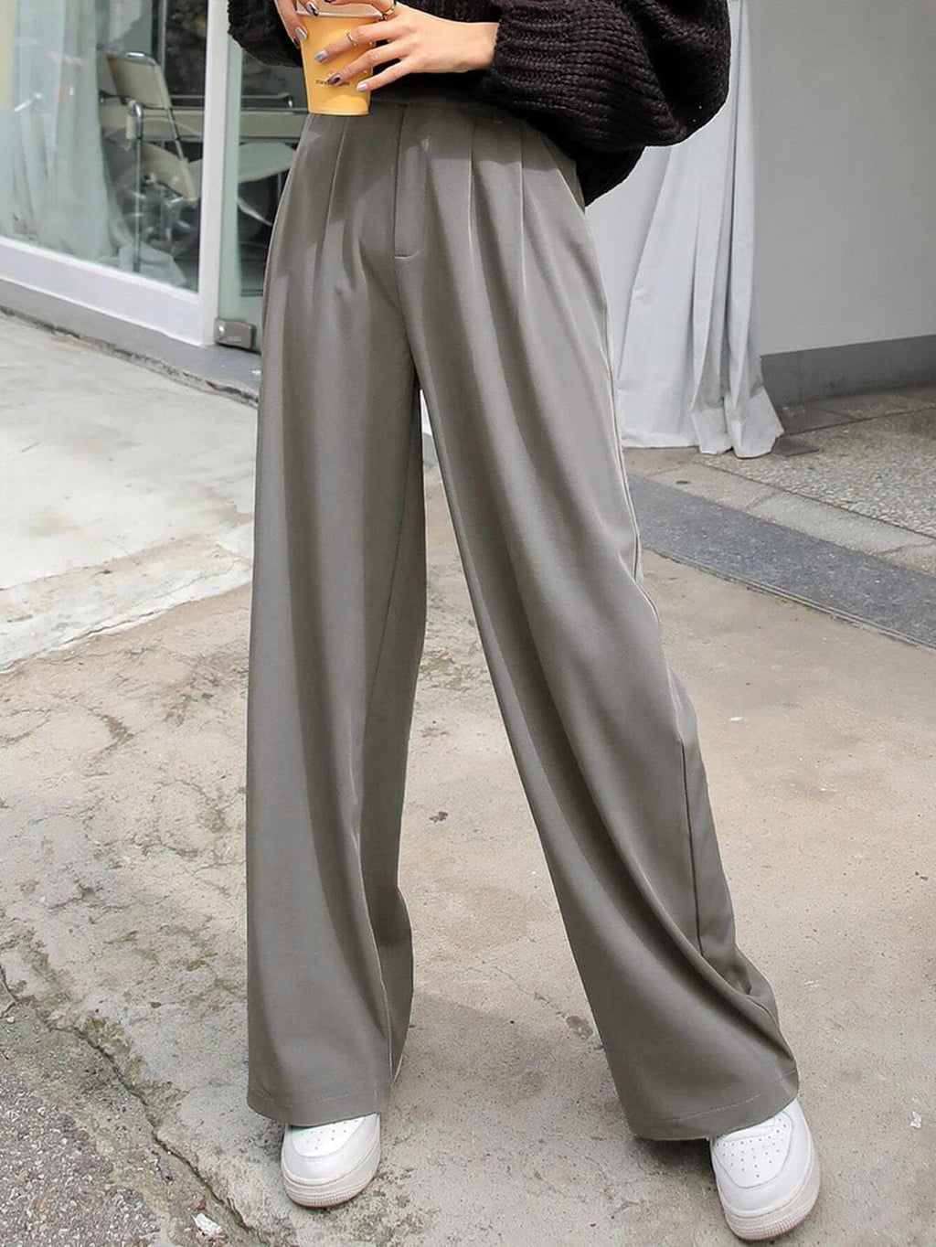 Kotty Womens Cotton Blend Straight Fit Solid Trousers Dark Grey