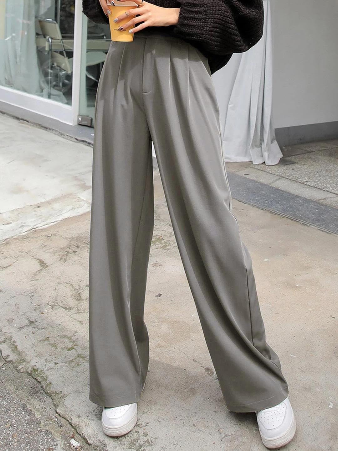 Kotty Womens Cotton Blend Straight Fit Solid Trousers Dark Grey