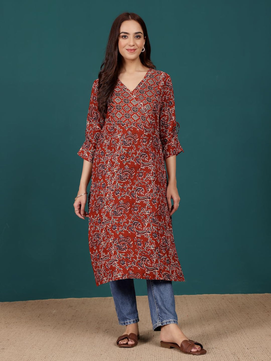 Varanga Women Ethnic Jaipuri Printed V Neck Fashion Sleeve Straight Kurta Red