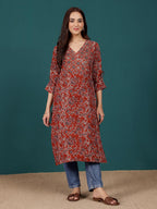 Varanga Women Ethnic Jaipuri Printed V Neck Fashion Sleeve Straight Kurta Red