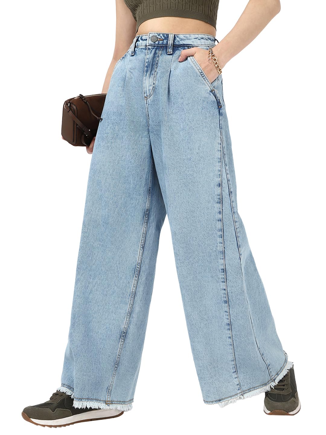 Bewakoof Womens Solid Flared Cotton Jeans_662165_Blue_36