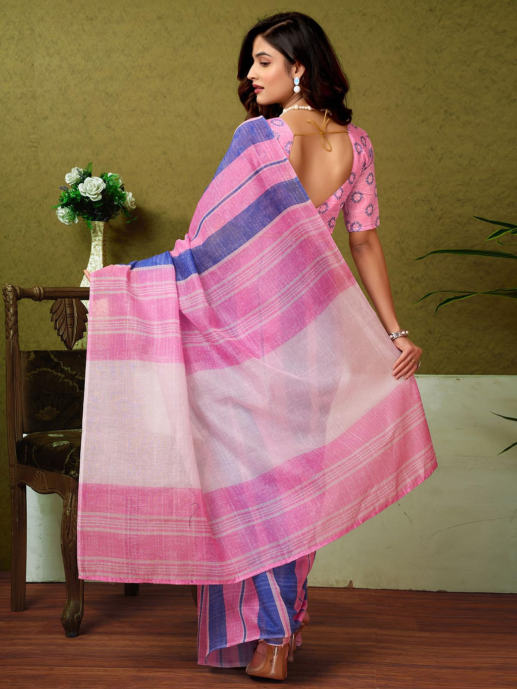 Satrani WomenS Chanderi Cotton Printed Ready To Wear One Minute Pre Pleated Readymade Saree With Unstitched Blouse Piece (32Rs2