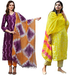 ANNI DESIGNER Women's Cotton Blend Printed Straight Kurta with Pant & Dupatta Pack of 2 (Combo-Mukhi Pink-BAGRU-Yellow_Multicolo