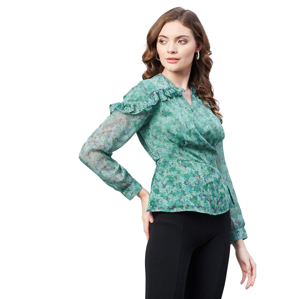Rare Women Casual Green Colour V-Neck Floral Wrap Top
