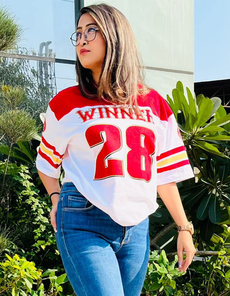 Juneberry Oversized Loose Fit Drop Shoulder Printed Sports Jersey T-Shirt For Women/Girls Red