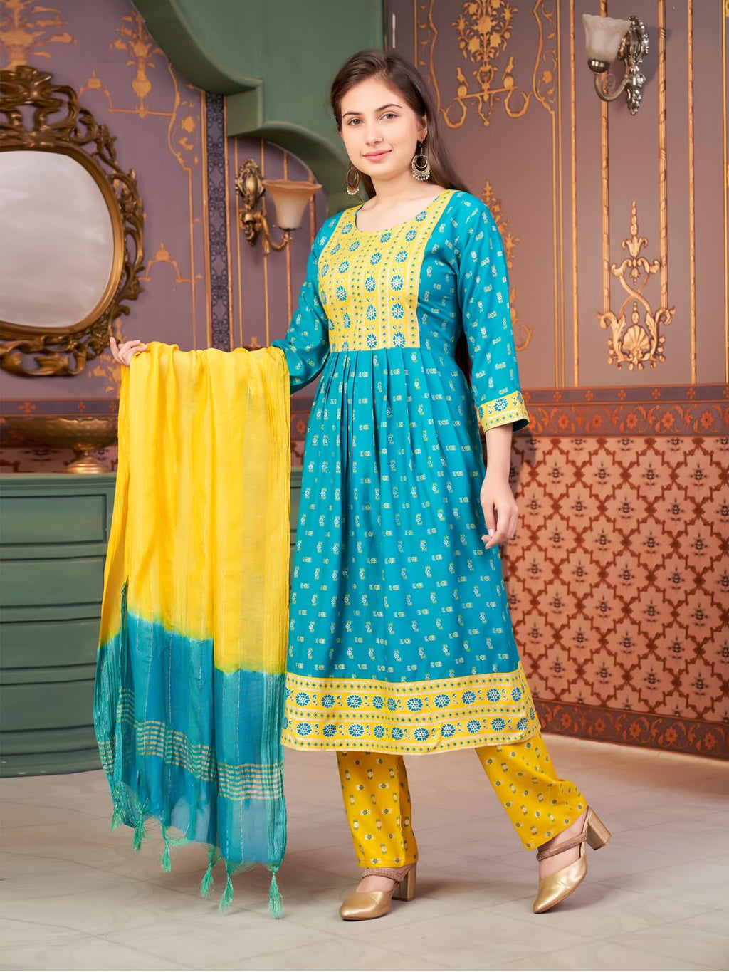 Aarika Girls Ethnic Wear Green-Yellow Colour Foil Print Rayon Kurti-8-15 Years (Kurti-Ap-803)