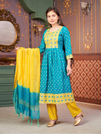 Aarika Girls Ethnic Wear Green-Yellow Colour Foil Print Rayon Kurti-8-15 Years (Kurti-Ap-803)