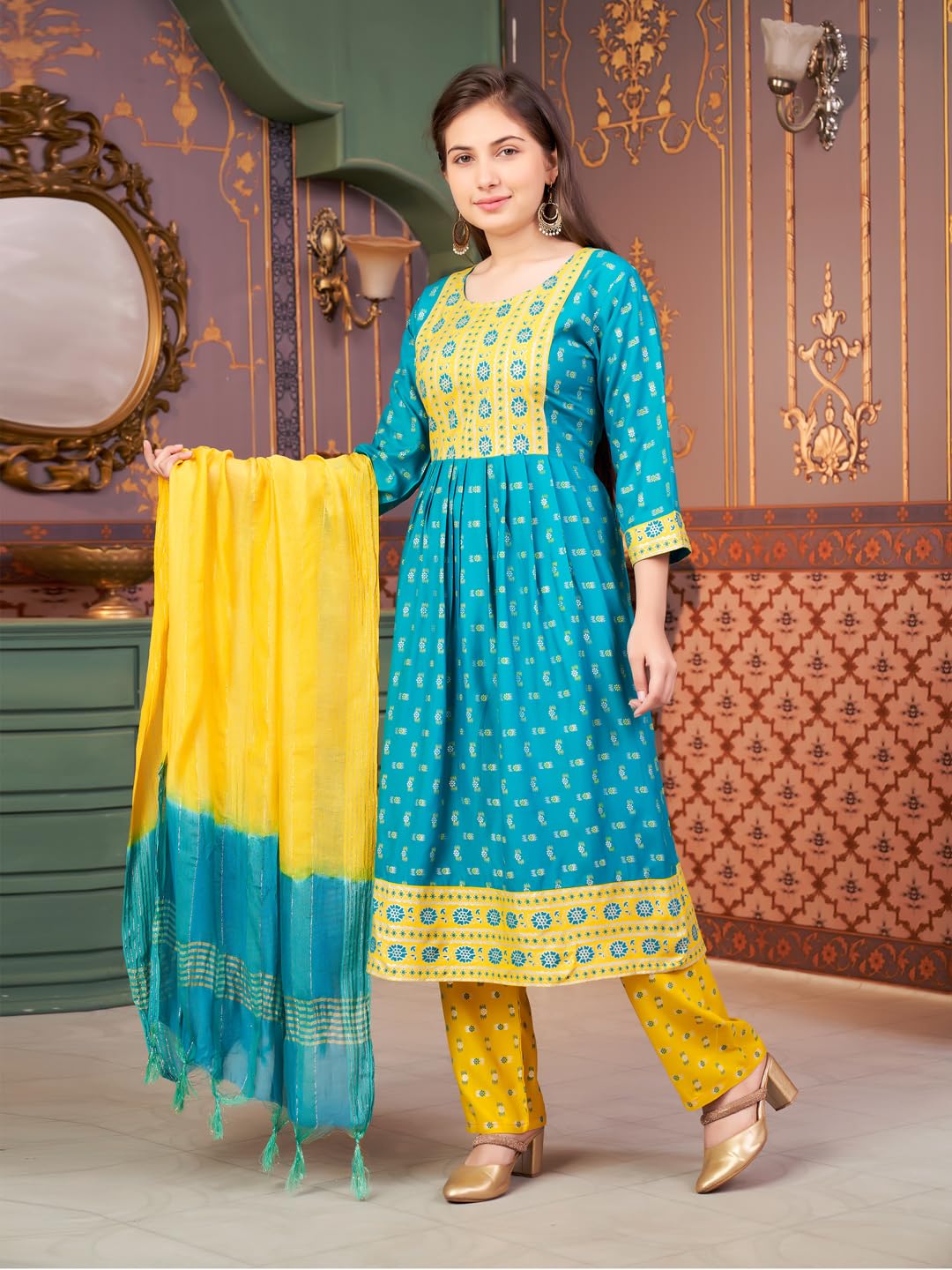 Aarika Girls Ethnic Wear Green-Yellow Colour Foil Print Rayon Kurti-8-15 Years (Kurti-Ap-803)