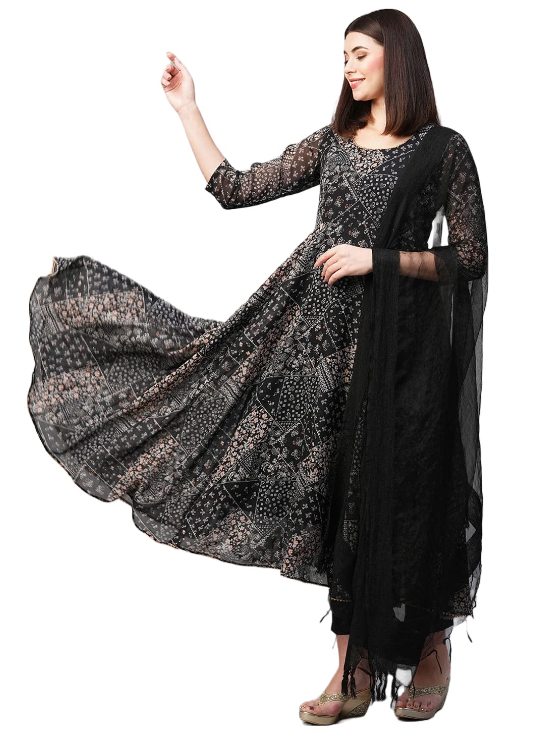 ANNI DESIGNER Womens Georgette Floral Straight Kurta with Pant & Dupatta (Tavani Black