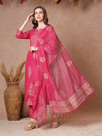 ANNI DESIGNER Ladies Rayon Printed Kurta with Trousers, pink, XL