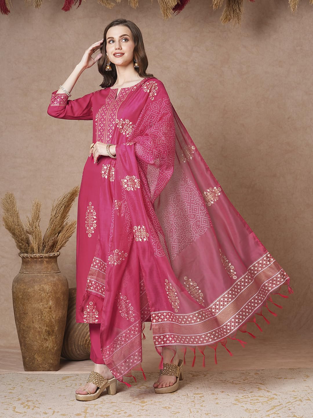 ANNI DESIGNER Ladies Rayon Printed Kurta with Trousers, pink, XL