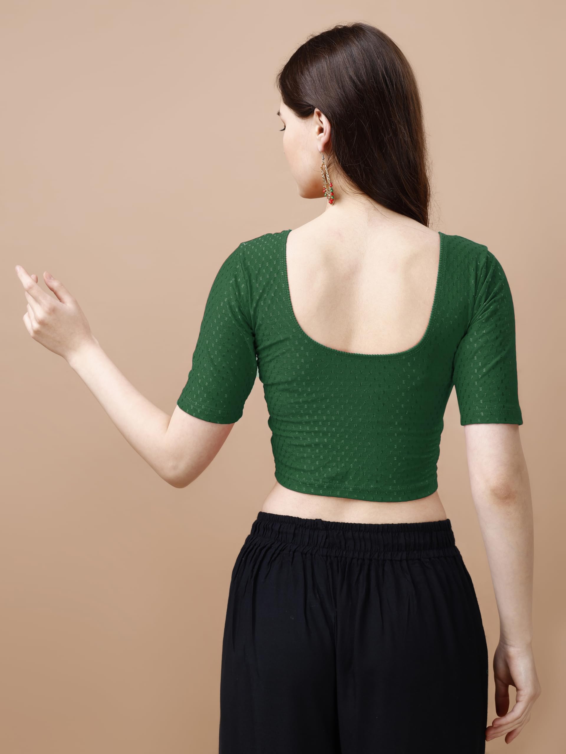 Pujia Mills WomenS Readymade Dobby Cotton Lycra Stretchable Round Neck Half Sleeve Blouse Fancy Green Color Lycra Stretchable B