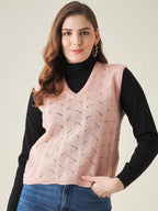 Modeve Self Design V Neck Casual Women Pink Sweater||Winterwear||