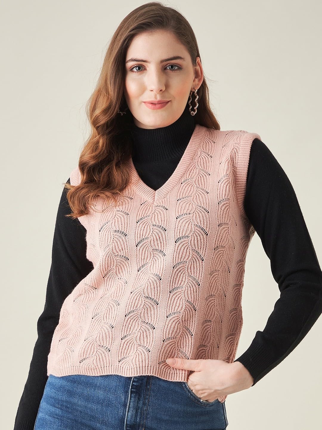 Modeve Self Design V Neck Casual Women Pink Sweater||Winterwear||