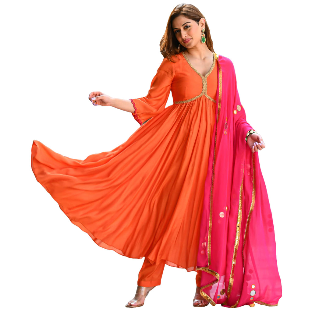ANNI DESIGNER Womens Rayon Blend Anarkali Solid Kurta with Pant & Dupatta (MAADHVI Orange_M_Orange_Medium)