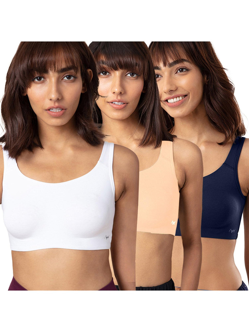 NYKD Womens Cotton Non Padded Wire Free Everyday Bra Bra, NYB113PO3, Skin, White, Peacoat, M, 3N