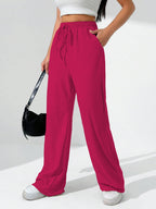 Sugathari Womens Hot Pink Loose Wide-Leg Pants with Textured Wrinkled Fabric and Drawstring Waist Long Trousers (Trouser 157 Ho