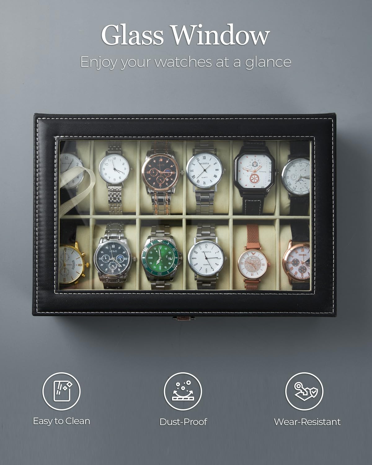 Ohuhu Watch Cases for Men, Watch Box Watch Holder Watch Organizer Display Storage 12 Slot PU Leather Real Glass Lid Soft Velvet