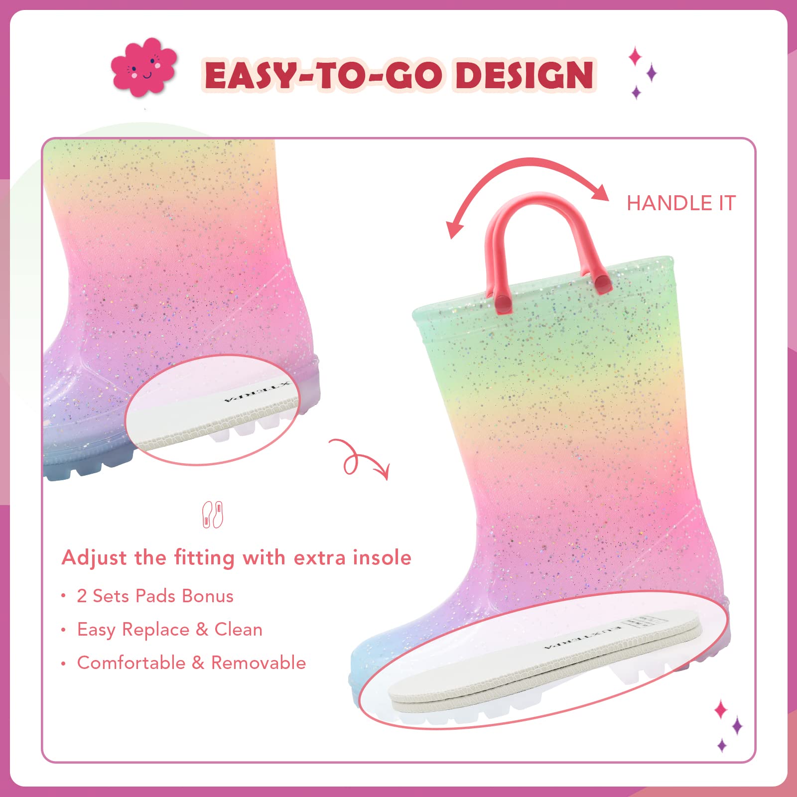 EUXTERPA Toddler-Kids Waterproof Light Up Rain Boots Patterns and Glitter Boots with Handles for Girls Little Kid Size 12 Pink G