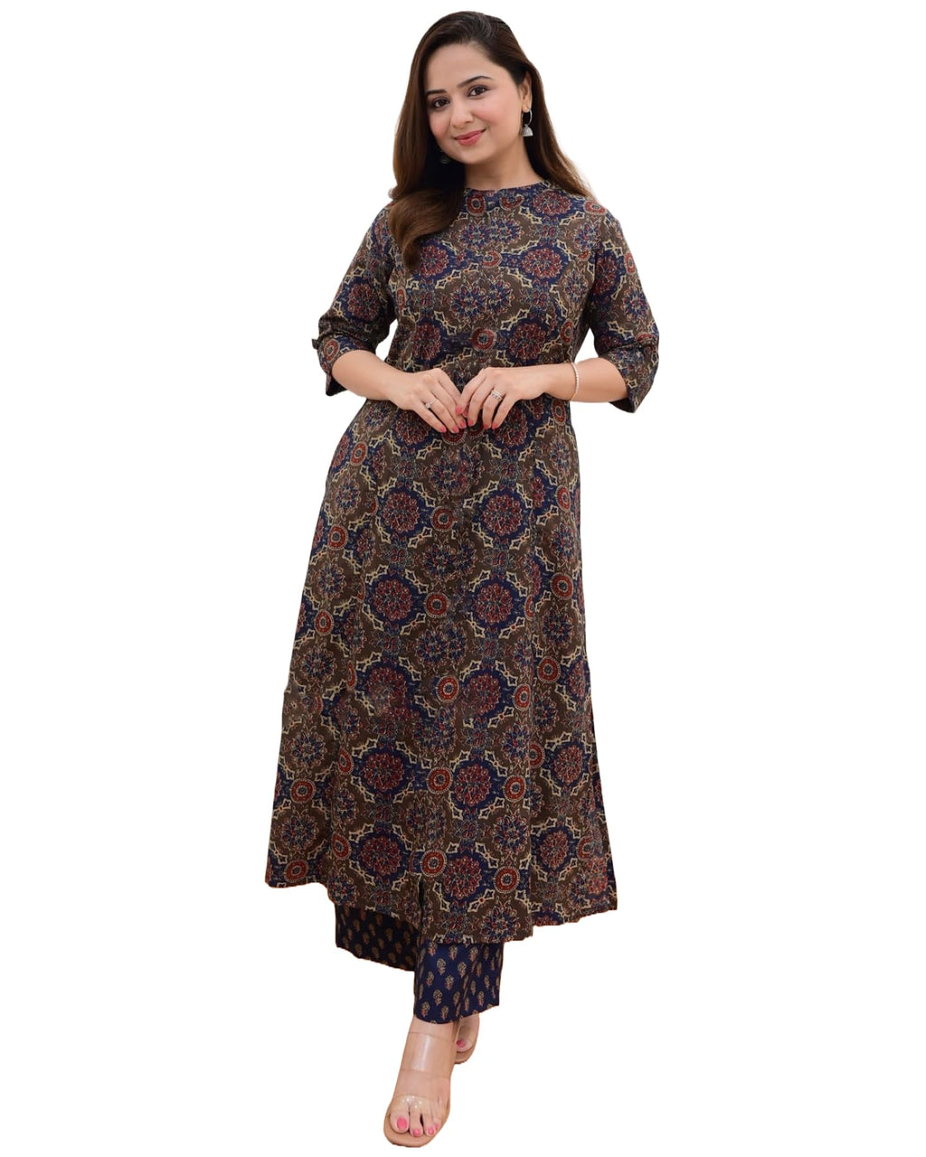 ANNI DESIGNER Womens Cotton Blend Printed Straight Kurta with Palazzo (ABP-Clrs_Blue_X-Large)
