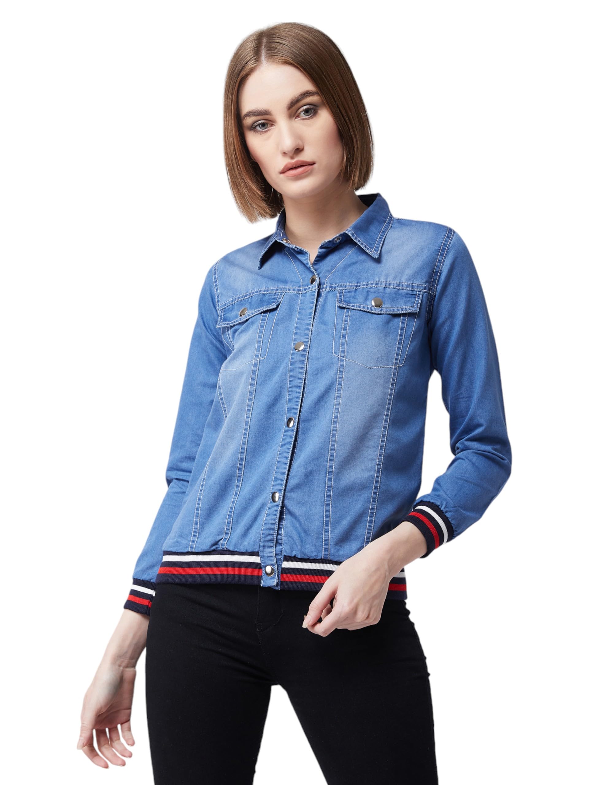 Miss Chase WomenS Blue Polo Neck Full Sleeves Solid Buttoned Rib Detailing Denim Bomber Jacket (Mcaw18Den05-12-158-06, Blue, X-