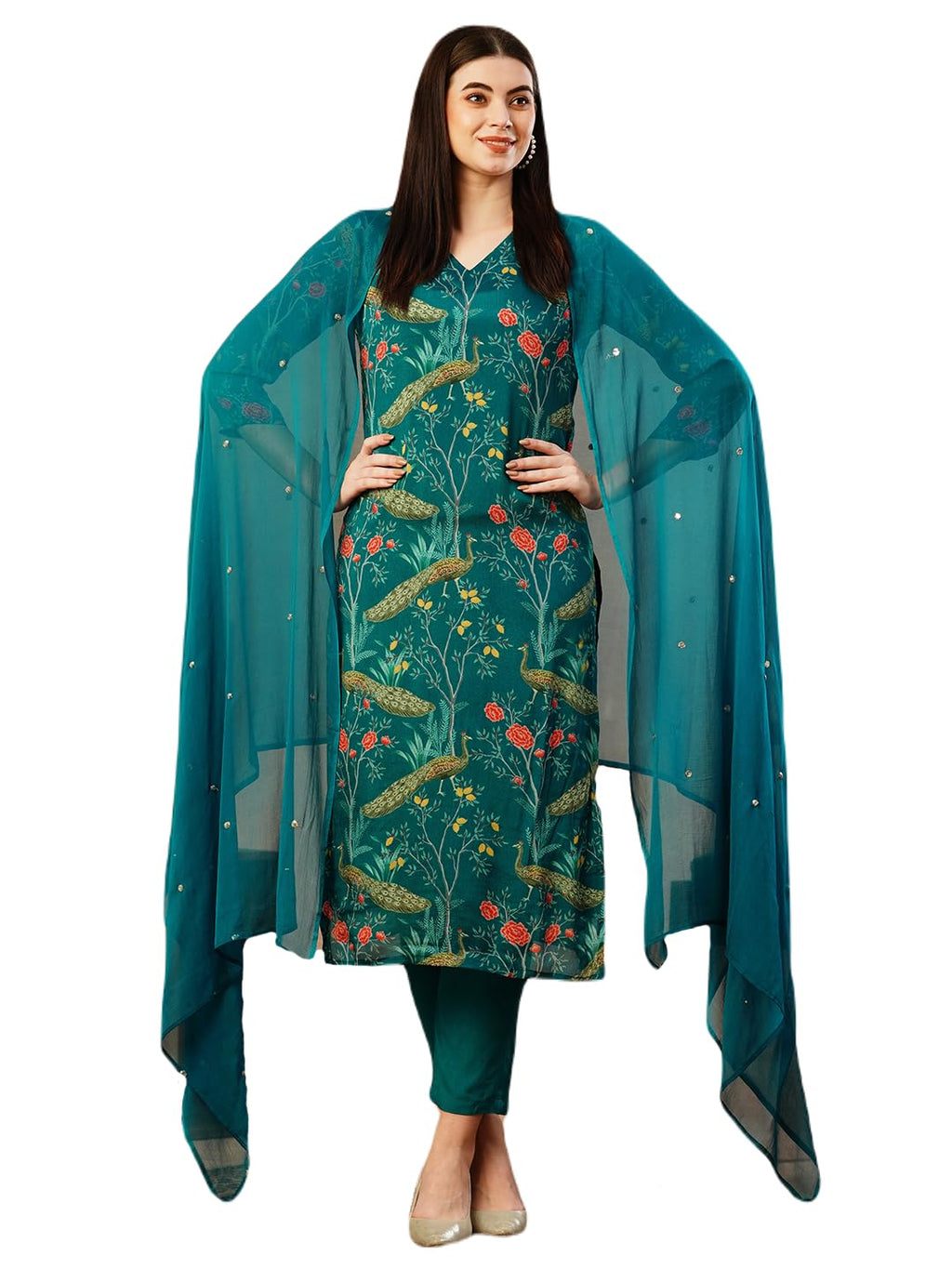 ANNI DESIGNER Womens Cotton Blend Straight Printed Kurta with Pant & Dupatta (GETO RAMA-NFB_S_Green_Small)