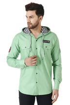 Besix MenS Green Tailored Fit Cotton Blend Shirt For Man With Hoodie - Casual Long Sleeve Shirt With Pockets - Patch Detail For