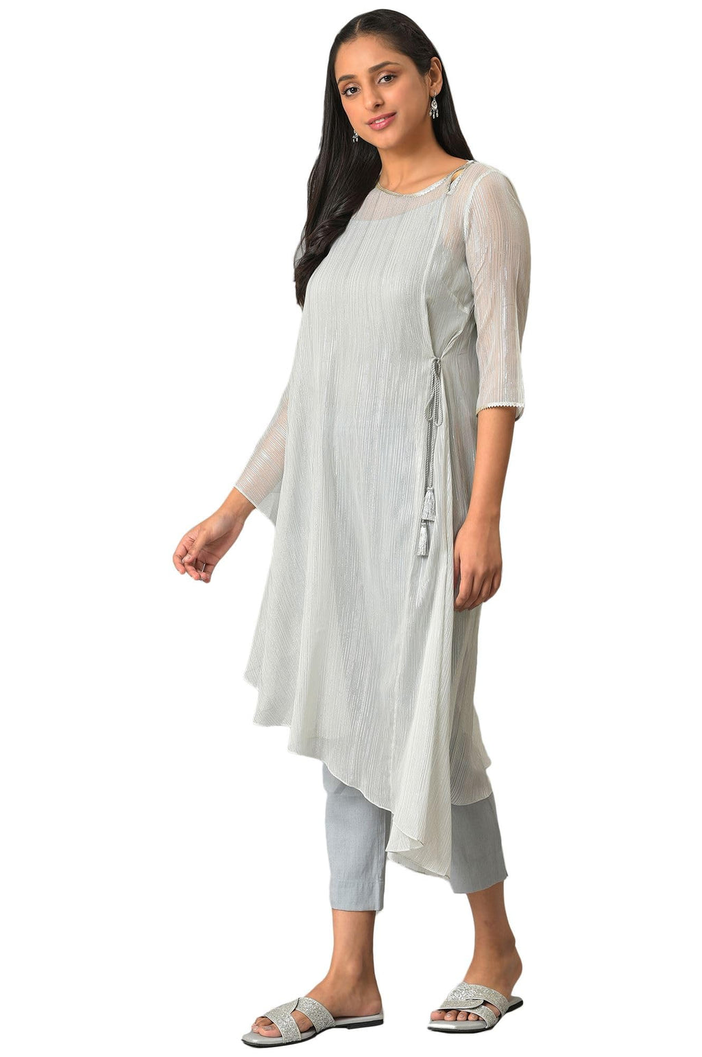 Aurelia Grey Self-Design Foil Kurta And Trousers Set