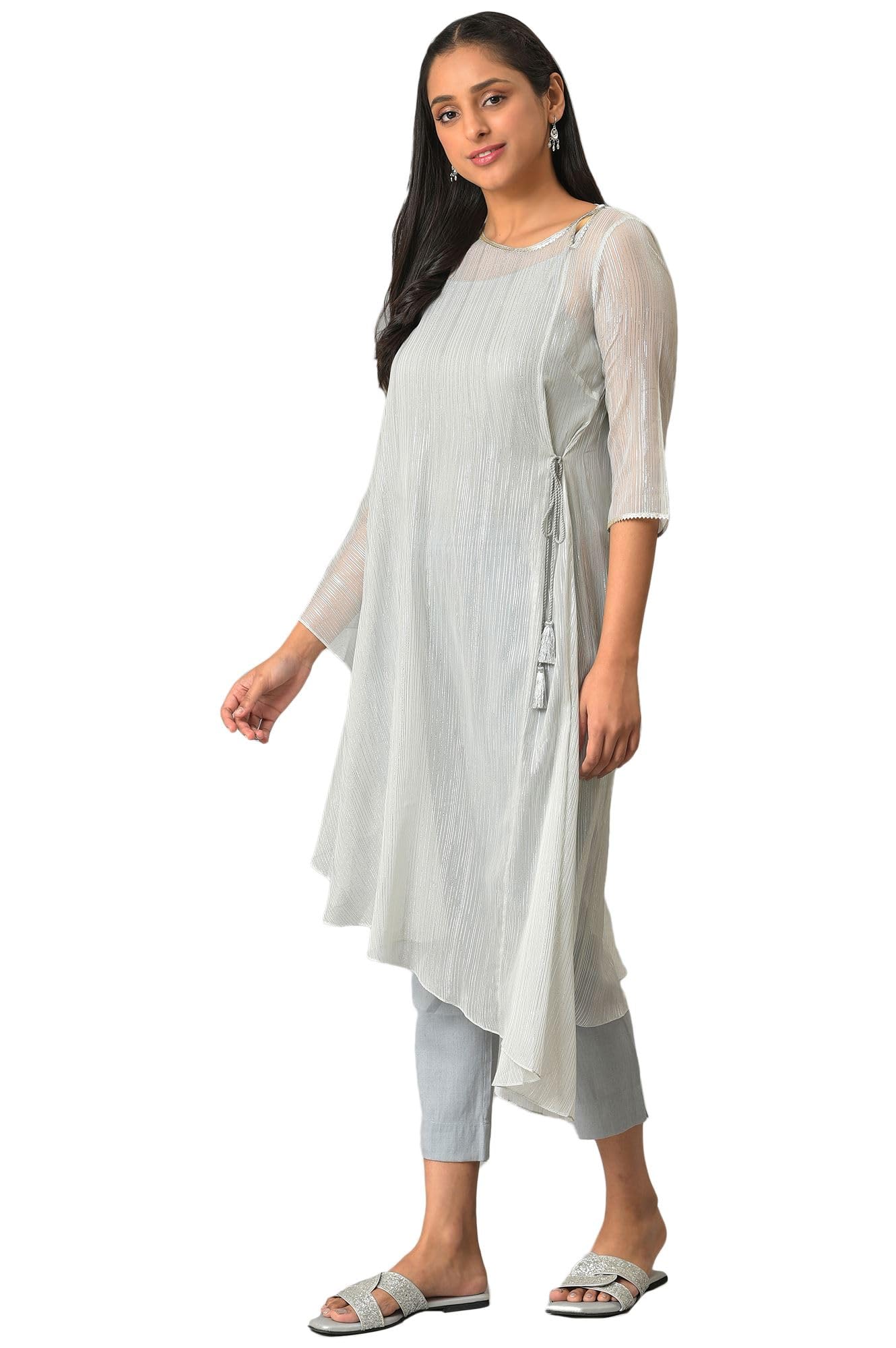 Aurelia Grey Self-Design Foil Kurta And Trousers Set