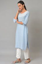 Blue Cotton Round Neck Embroidered Plus Size Kurta
