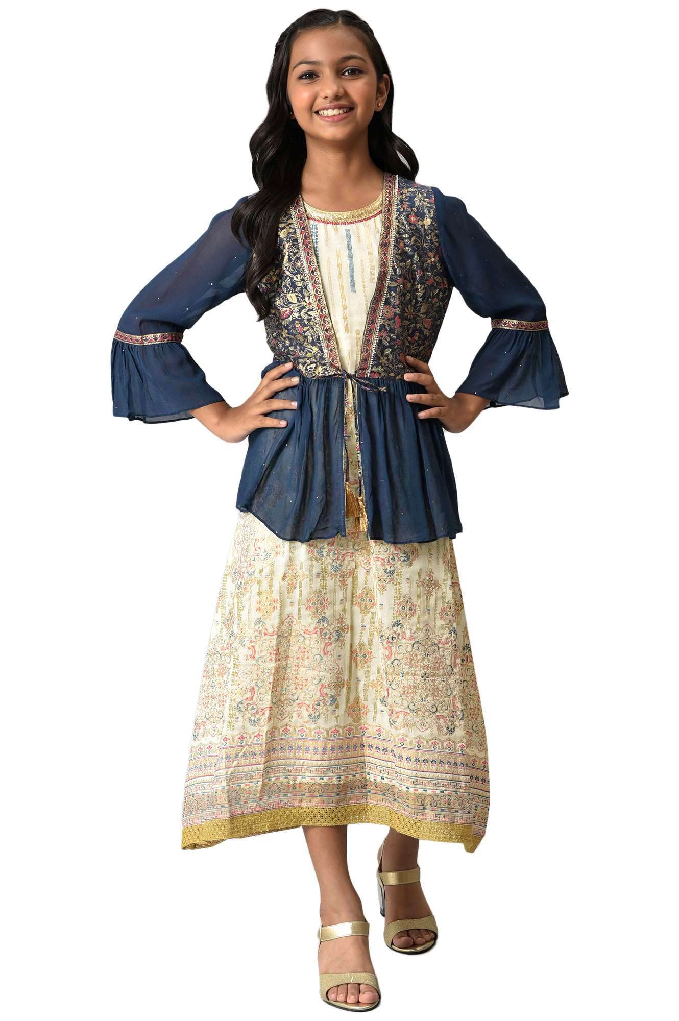 Girls Blue Gilet With Off White Printed Dress