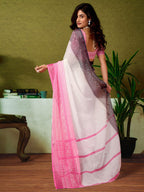 Satrani WomenS Linen Zari Border Printed Ready To Wear One Minute Pre Pleated Readymade Saree With Unstitched Blouse Piece (34R