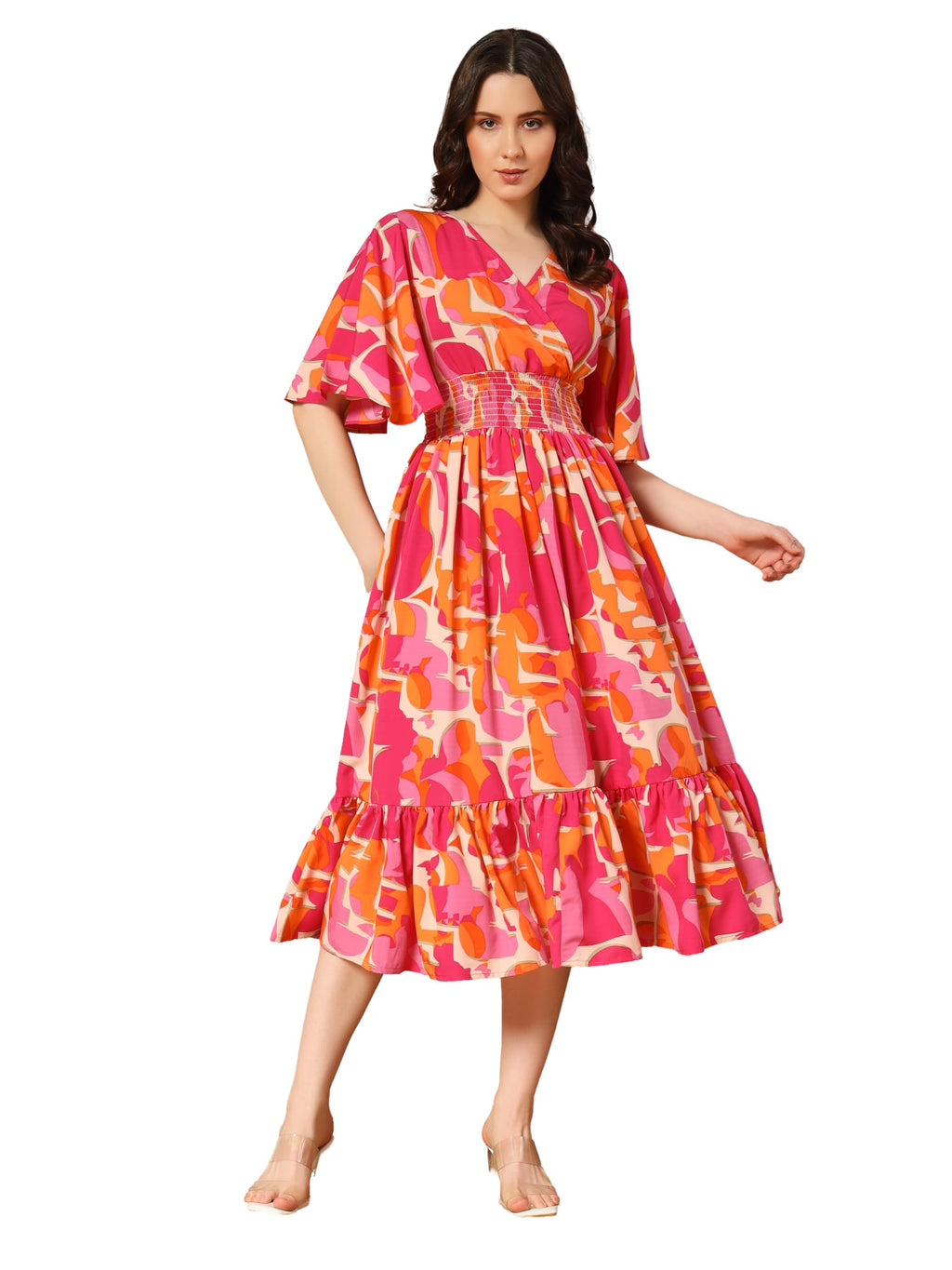 KZULLY Womens Rayon Smocked Midi Dress (6001-Orange-Pink-XXL_Orange-Pink_2XL)